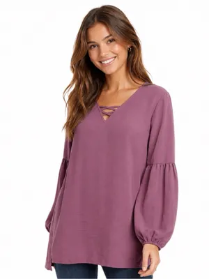 Maurices Mauve Pink Lantern Sleeve Lattice Neck Blouse Size Large thumbnail 13