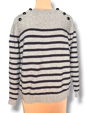 Boden Gray Navy Breton Stripe Wool Cotton Sweater Shoulder Button Nautical Large thumbnail 1