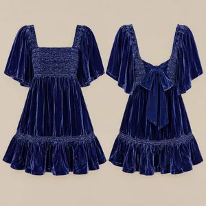 Free People Womens Dress XS Blue Velvet Smocked Tie Back Ruffle Mini Dress thumbnail 2