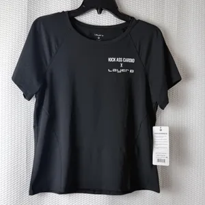 Layer 8 Power Performance Tee Womens Medium‎ Black Graphic Cardio Gym Shirt NEW thumbnail 1