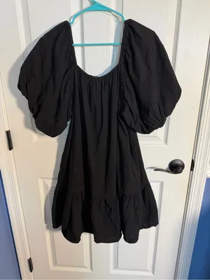 entro Black Smocked Waist Mini Dress with Puff Sleeves & Detailing Large thumbnail 4