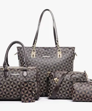 Women's Fashion 5-Piece Brown Plaid Satchel Handbag Set AT6 thumbnail 1