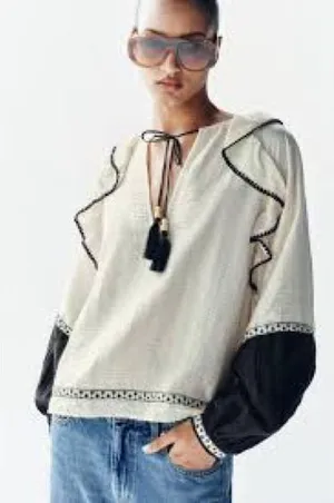 Zara - Boho Tassel Peasant Blouse - Size Medium thumbnail 1