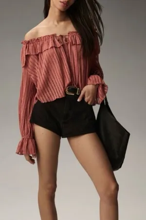 By Anthropologie Long-Sleeve Sheer‎ Striped Crop Blouse Rose Pink Off Shoulder thumbnail 1