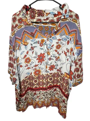 Earthbound Multicolor Boho Floral Paisley Lightweight Hippie Button Up Shirt thumbnail 1
