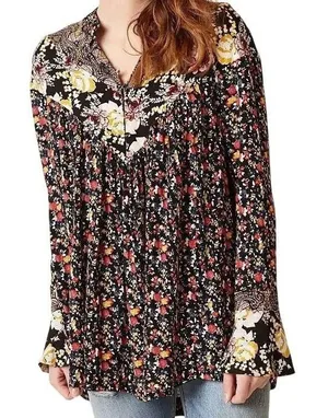FREE‎ PEOPLE Wildflower Fields Mixed Floral Paisley Tunic Henley Blouse EUC M thumbnail 1