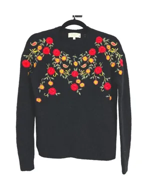 Sézane La Maille Black Sweater Floral Embroidery Size XS Cottage Folk Nouveau thumbnail 1