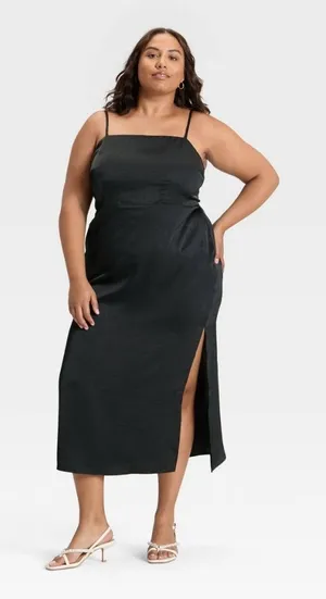 Black Satin Slip Maxi Dress Slit Empire Waist Formal Black Tie Cocktail XL thumbnail 1