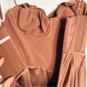 House of CB • Myrna Chocolate Satin Corset Slip Dress brown bustier boned bodice thumbnail 16