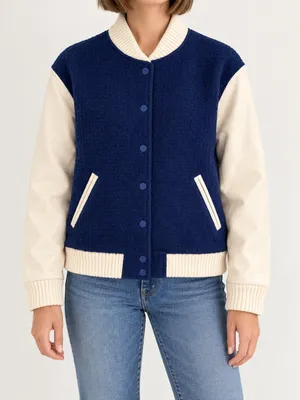 English Factory Navy Blue Cream Oversized Bomber Jacket Sz S Varsity Puffer thumbnail 1