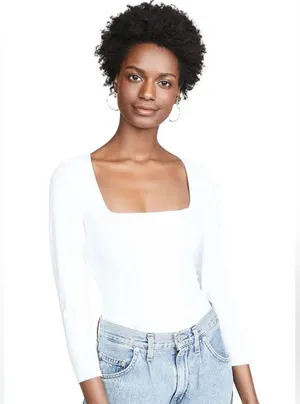 - 3/4 Sleeve Square Eyes Thong Bodysuit, white, size small thumbnail 6