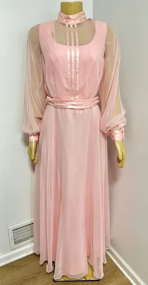 Vintage 70s Pink Chiffon Maxi Gown Sheer Bishop Sleeve Mock Neck Formal Dress thumbnail 1