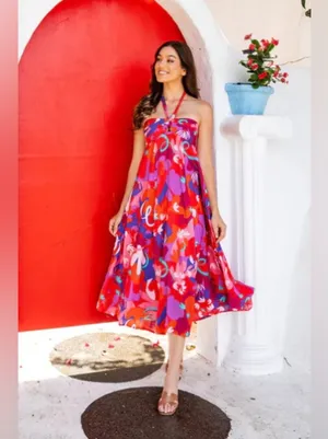 Petal and Pup Halter Maxi Dress colorful tropical Strawberry Abstract print midi vacation thumbnail 4