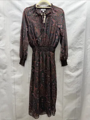 Allison Joy NWT Alexis Black Rust Pine Paisley Print Smocked Waist Midi Dress thumbnail 2