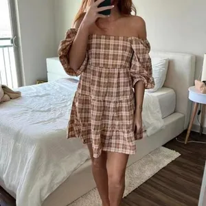 Faithfull the Brand Eryn Gingham Check Mini Dress Puff Sleeve Tie Back Brown L thumbnail 6