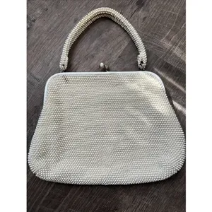 60s Beaded White Handbag Handle Evening Bag Purse USA Two Sided thumbnail 3