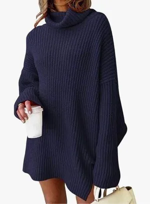 NEW Oversized Batwing Sweater Tunic Pullover Ribbed Dress 2X Blue thumbnail 1