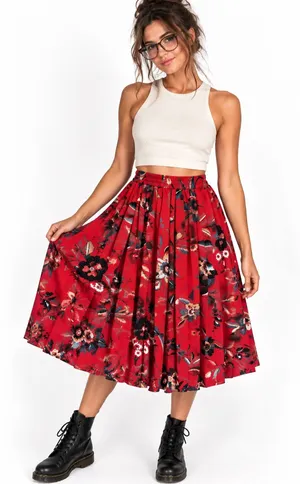 Vintage 90s Alfred Dunner Red Floral Midi Skirt Size 10 Elastic Waist thumbnail 1