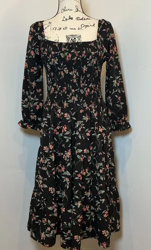 Socialite Floral Smocked Tiered Midi Dress Black Peach Long Sleeve Size M thumbnail 1