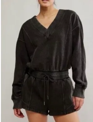 Free People V-neck Long Sleeve Romper with Drawstring Waist thumbnail 1