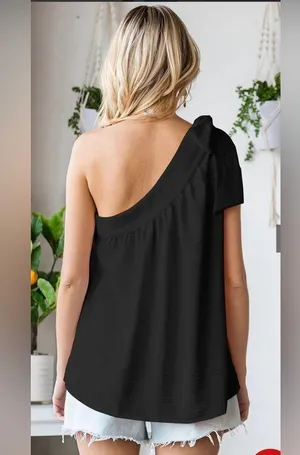 NEW Black Asymmetric One Shoulder Tied with Bow Sash Pleated Blouse L thumbnail 12