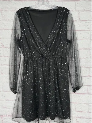 Black Glitter Mesh Long Sleeve Large Dress thumbnail 1