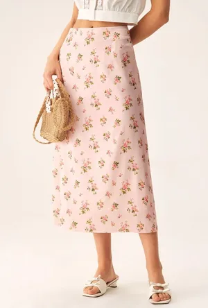 Rihoas Pink Floral Satin Straight Midi Skirt thumbnail 1