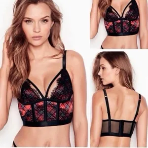 Victorias Secret Med Red Black Plaid Lace Satin Bustier‎ Longline Bra Very Sexy thumbnail 2