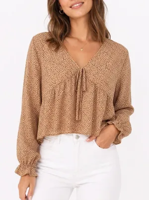 SHEIN Tan Dalmatian Dot V-Neck Peplum Blouse Front Tie Long Sleeve Top Large thumbnail 1