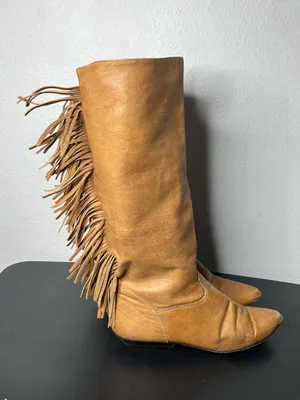 Vintage Zodiac Camel Brown Leather Fringe Trim Tall Boots Western Boho Cowgirl thumbnail 2