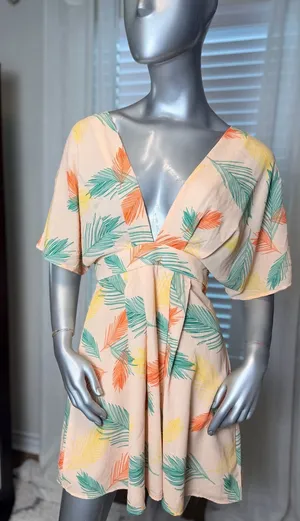 Tropical Palm Leaf Peach Mini Dress Tie Waist Short Sleeve V Neck Medium thumbnail 1