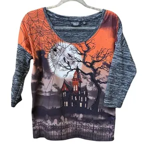 Onque Casuals Halloween Top Beaded Size Small Haunted House Moon thumbnail 1