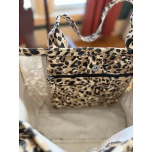 Leopard Animal Print "Wild & Free" Canvas Tote Bag w/ Inner Pockets 12in thumbnail 5
