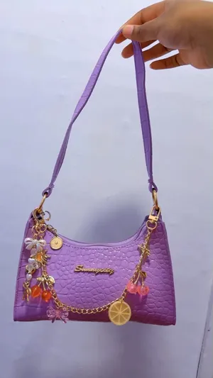 Purple Crocodile Embossed Shoulder Bag with Charm Chain & Pom Pom Details thumbnail 4