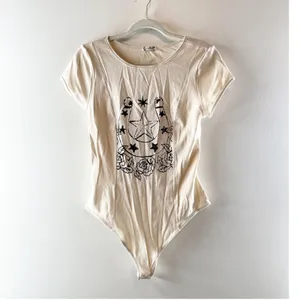 Free People Desert Darling Short Sleeve Western Horseshoe Bodysuit Top Cream L thumbnail 2