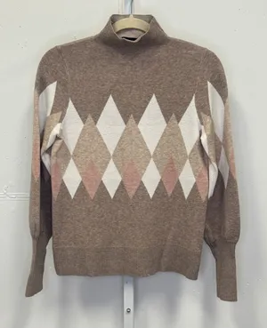 Rachel Zoe Women's Argyle Mock Neck Sweater Diamond Pattern Taupe Pink Cream Med thumbnail 1