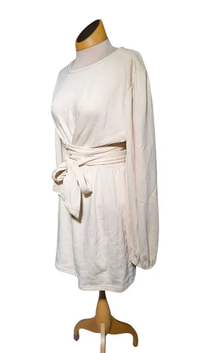 Sabo Skirt Ivory Gathered Long Sleeve Tie Waist Cotton Blend Mini Dress Sz M thumbnail 1
