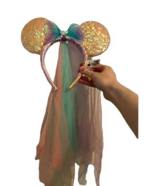 Disney Parks White Sequin Iridescent Rainbow Pastel Fairy Headband Minnie Ears thumbnail 1