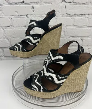 Lucky Brand‎ Black White Chevron Woven Platform Rope Wedge Sandals Sz 7 Peep Toe thumbnail 1