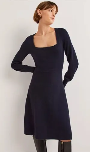 Boden‎ Navy Blue Square Neck Wool Alpaca Blend Knit Midi Dress US 8R thumbnail 1