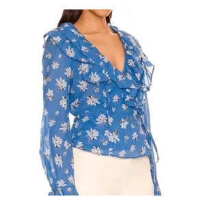 Free People Amanda Ruffle Detail Wrap-Style Blouse in‎ Blue Floral XS thumbnail 6
