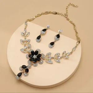 Black Crystal Flower Women Earring Necklace Jewelry Sets Luxury Gold Color thumbnail 3
