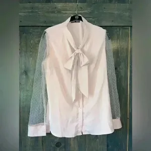 SHEIN Elegant Blush Pink Bow Blouse‎ with Mesh Dot Sleeves - Romantic Top A68 thumbnail 4