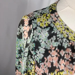 LOFT‎ Size 4 Floral Midi Dress Grey Pastel Button Front Sheer Lined Long Sleeve thumbnail 9