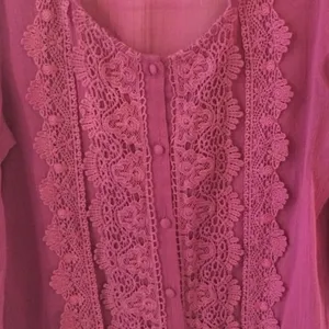 A’Reve Magenta‎ Lace Front Peasant Blouse Sheer Cotton Boho Medium thumbnail 3