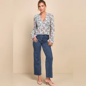 NWT Lulus Undeniably Darling Light Blue Floral Chiffon Balloon Sleeve Top XS thumbnail 9