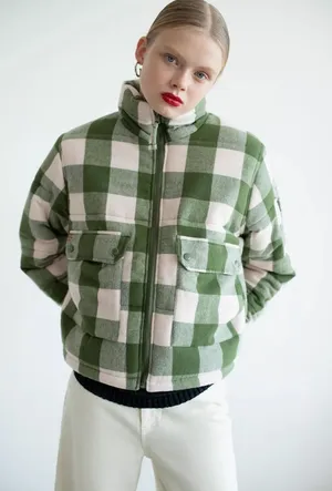Urban Outfitters BDG Dixie Flannel Puffer Jacket Green and White Plaid thumbnail 1
