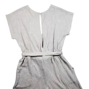 Monteau Jumpsuit Womens Large Beige Linen Wide Leg V-Neck Cropped Boho Overall thumbnail 11