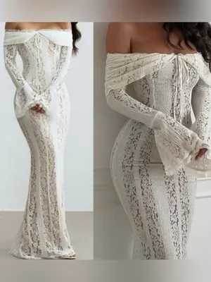 Off-Shoulder Ivory Lace Maxi Dress with Bell Sleeves thumbnail 2