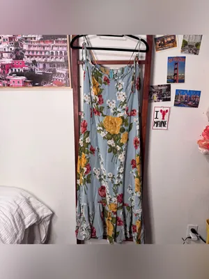 Reformation Enya Floral Ruffle Light Blue Midi Dress thumbnail 4